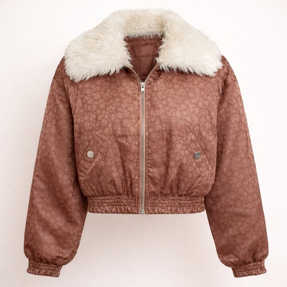 NWT Free People Floral Bomber Jacket XS Pink Cropped Puffer Faux Fur Collar Boho